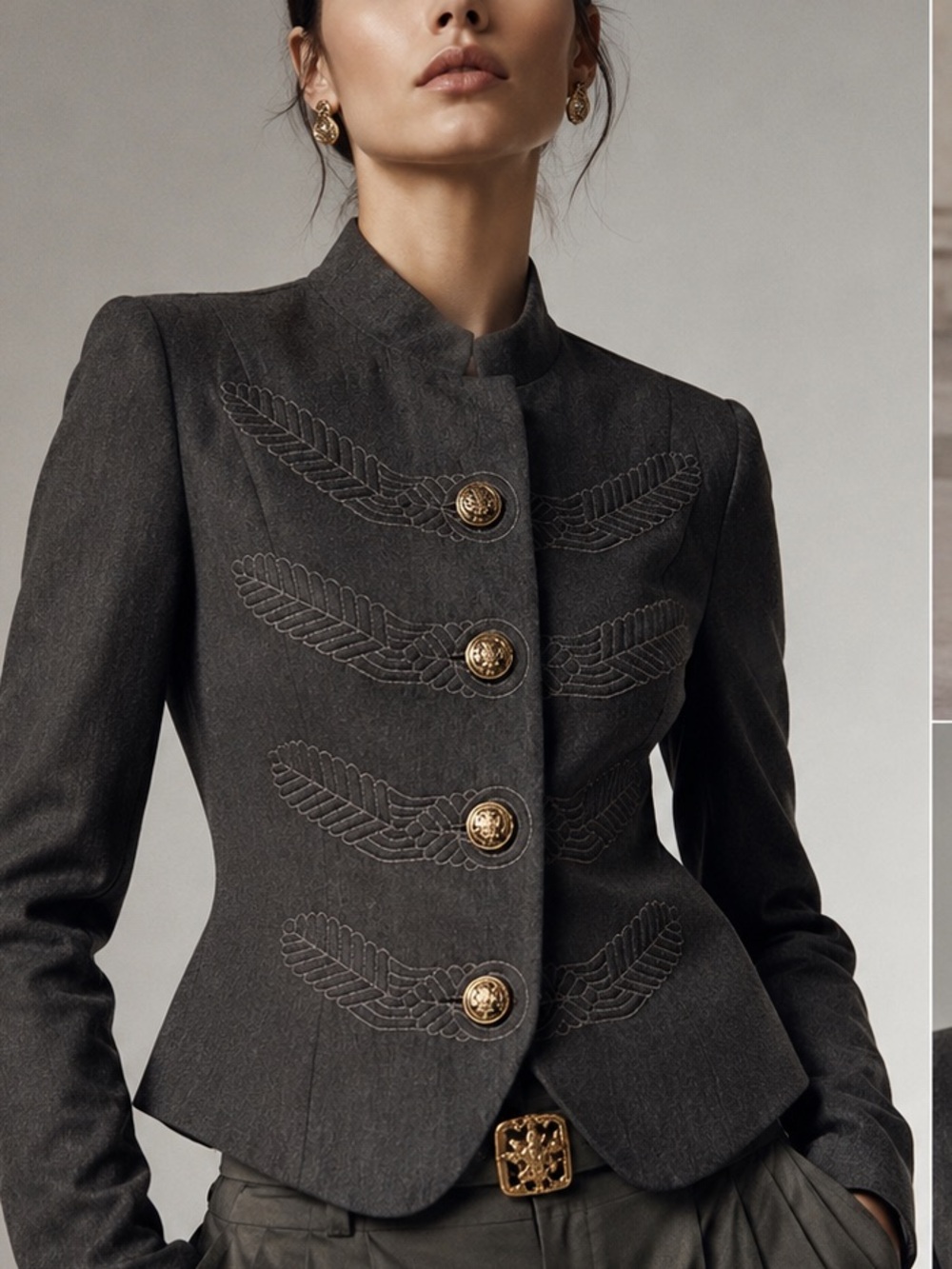 CAbi Charcoal Gray Military Style Embroidered Jacket Nautical 10 blazer